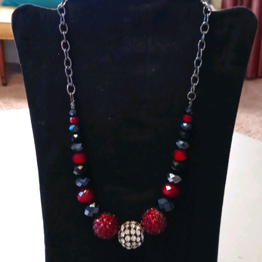 Red, black,grey necklace with fireball beads